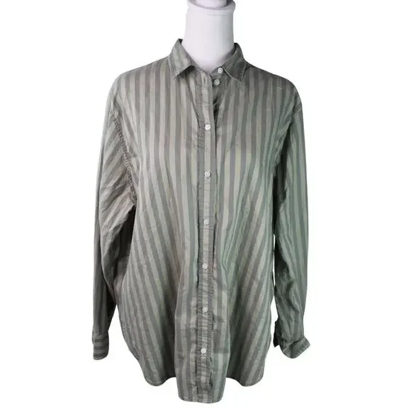 Everlane Stripe Long Sleeve Button Up Shirt women's Size 16 monochromatic green - Picture 2 of 10